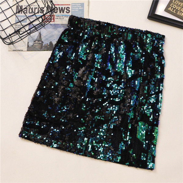 Stílusos női szoknya három színben flitterekkel és magas derékkal