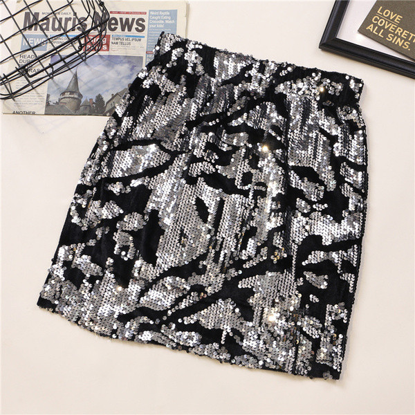 Stílusos női szoknya három színben flitterekkel és magas derékkal