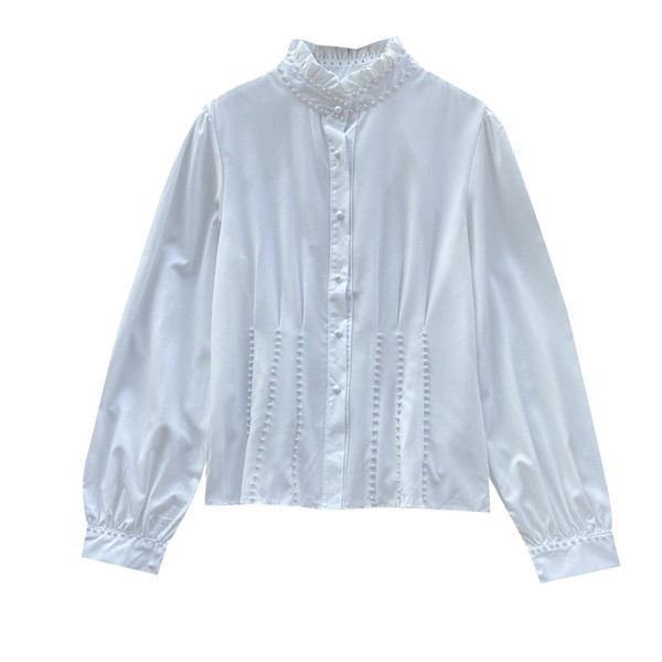 Modern női ing gyöngyökkel és magas gallérral fehér és fekete színben