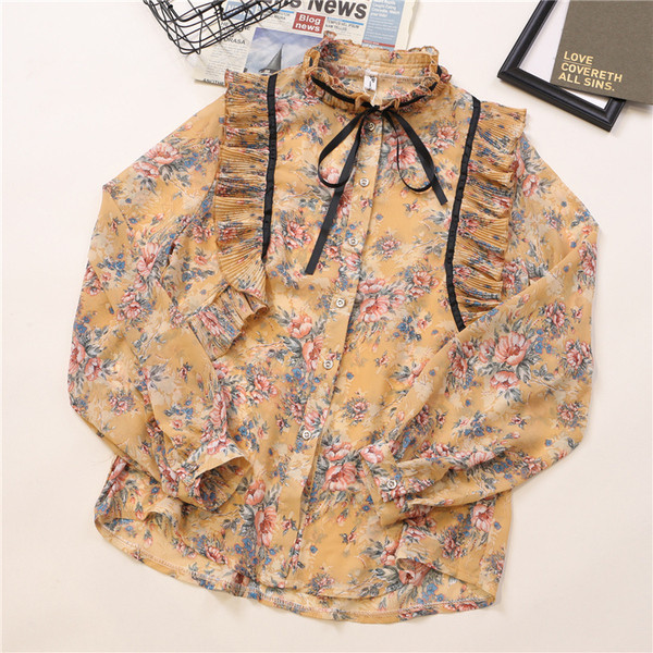 Női sifon ing virágos motívumokkal és nyakkendőkkel