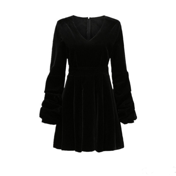 Új modell női bársony ruha spitz nyakkivágással és hosszú ujjú fekete színben