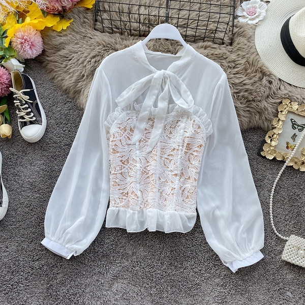 Modern női sifon ing szalaggal és hímzéssel fehér és fekete színben