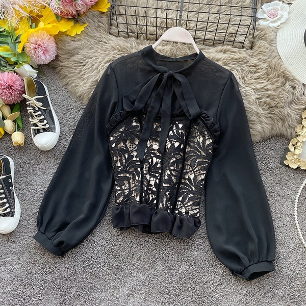 Modern női sifon ing szalaggal és hímzéssel fehér és fekete színben