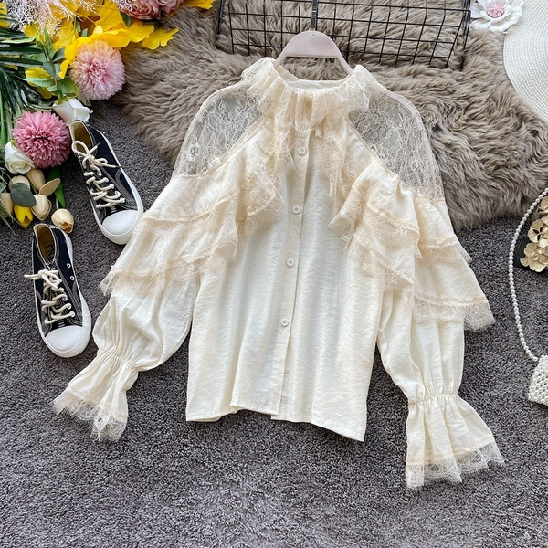 Modern női tavaszi-őszi ing csipkével és gombokkal, négy színben
