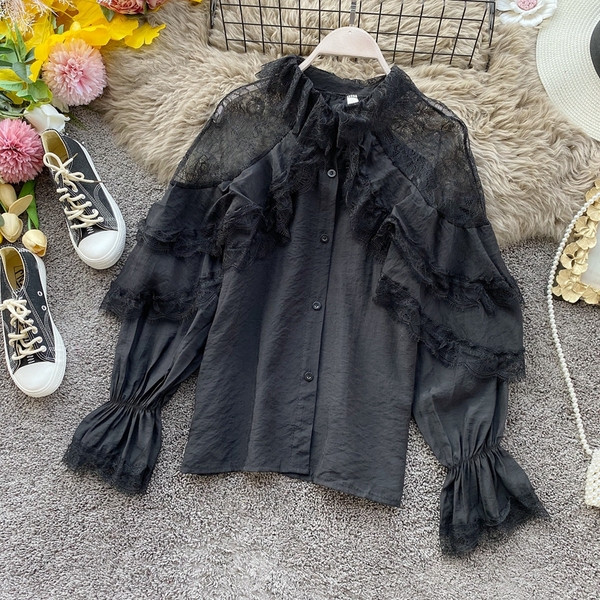 Modern női tavaszi-őszi ing csipkével és gombokkal, négy színben