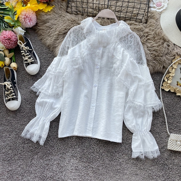 Modern női tavaszi-őszi ing csipkével és gombokkal, négy színben