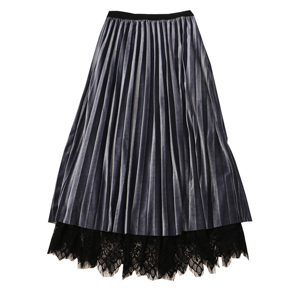 Hajtogatott bársony női szoknya magas derékkal és csipkével