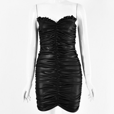 Elegáns női rövid bőrruha mély nyakkivágással és cipzárral fekete színben