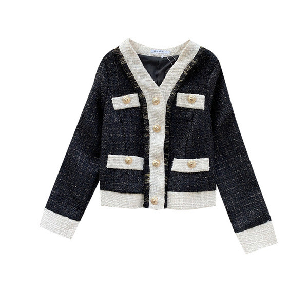 Modern női őszi rövid kabát gombokkal és spitz nyakkivágással fehér és fekete színben