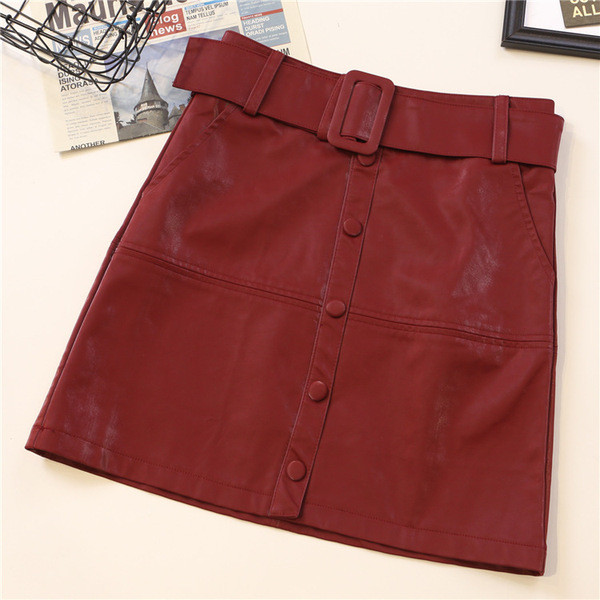 Női bőrszoknya négy színben, magas derékkal, gombokkal