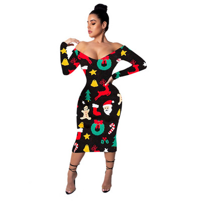 Lezser női karácsonyi ruha hosszú ujjal és mély nyakkivágással, fekete színben