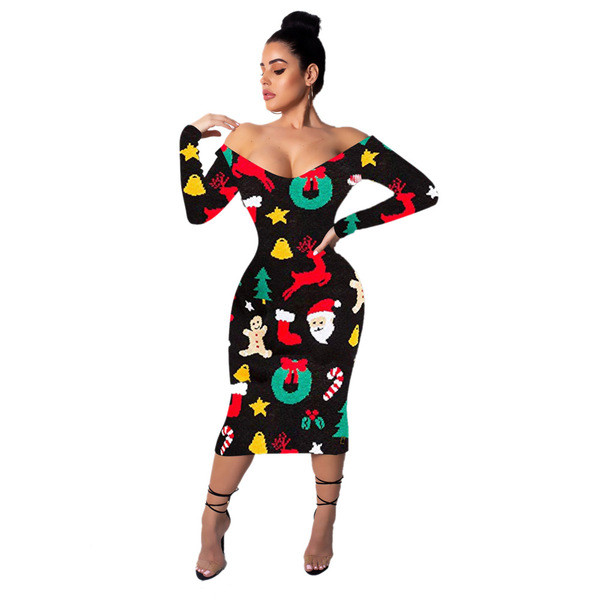 Lezser női karácsonyi ruha hosszú ujjal és mély nyakkivágással, fekete színben