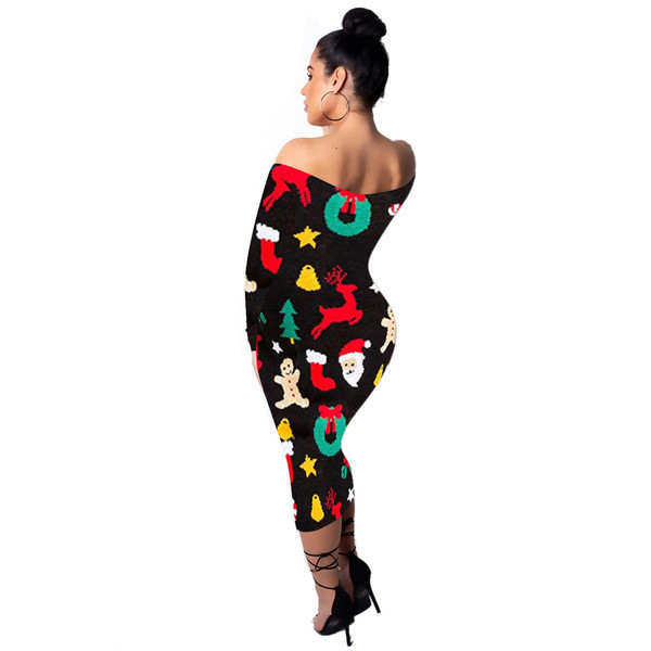 Lezser női karácsonyi ruha hosszú ujjal és mély nyakkivágással, fekete színben