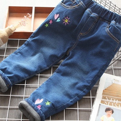Нов модел детски дънки с бродерия и мека подплата в син цвят за момичета