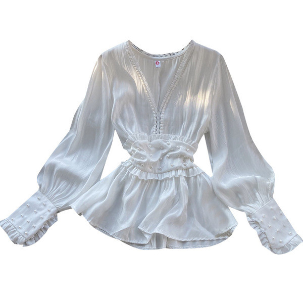 Modern női blúz spitz nyakkivágással és hosszú ujjú fehér gyöngyökkel