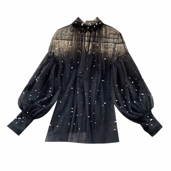 Modern női pecsét ing fehér és fekete gyöngyökkel