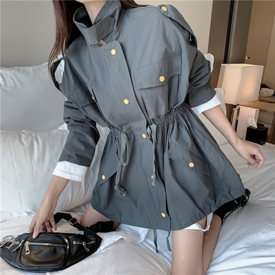 Női tavaszi-őszi kabát fűzős és zsebes kék, zöld, szürke és piros színben