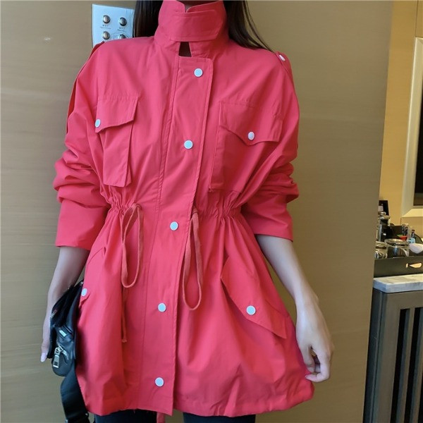 Női tavaszi-őszi kabát fűzős és zsebes kék, zöld, szürke és piros színben