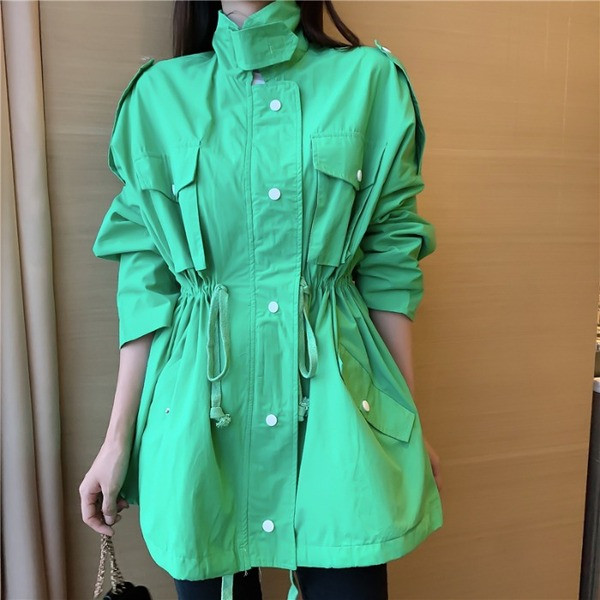 Női tavaszi-őszi kabát fűzős és zsebes kék, zöld, szürke és piros színben