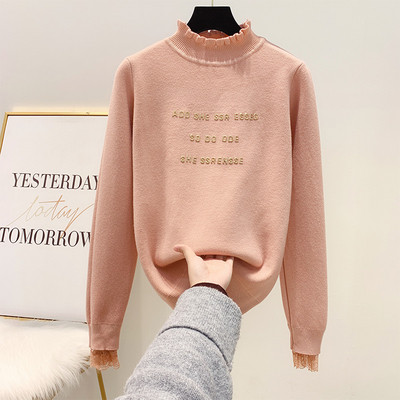 Vékony kötésből készült női pulóver felirattal, pólógallérral