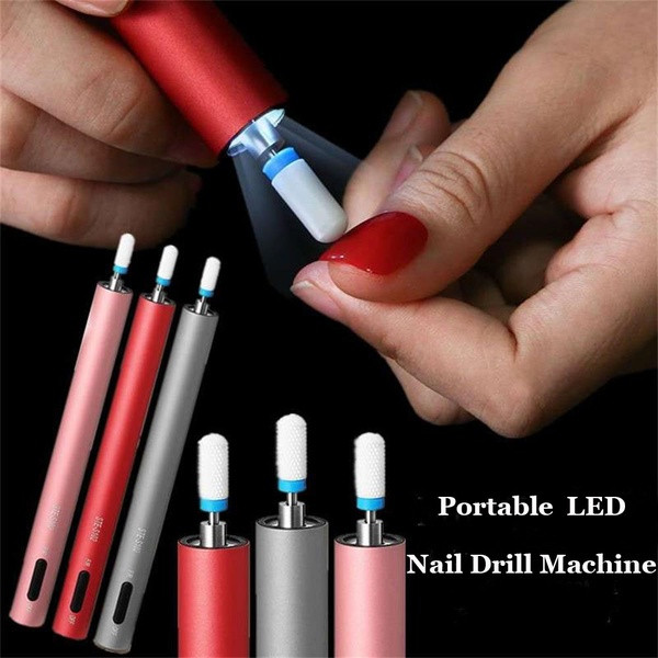 Portable electric manicure pen with LED lighting in gray, blue, pink, red and champagne