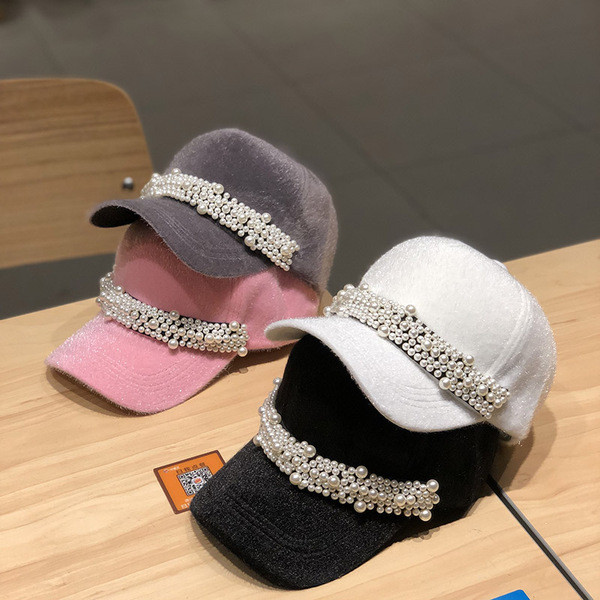 Gyönggyel díszített női baseball sapka fehér, fekete, szürke és rózsaszín színekben