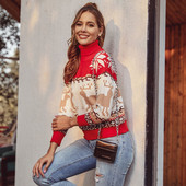 Női téli karácsonyi pulóver magas gallérral és hosszú ujjú piros színben