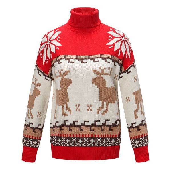 Női téli karácsonyi pulóver magas gallérral és hosszú ujjú piros színben