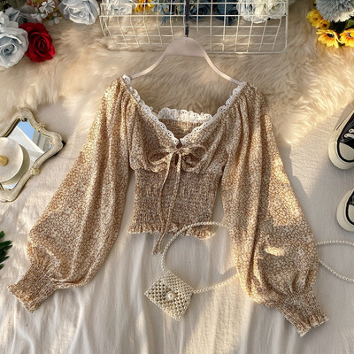 Modern női rövid sifon ing spitz nyakkivágással és virágmintával több színben