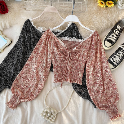 Modern női rövid sifon ing spitz nyakkivágással és virágmintával több színben