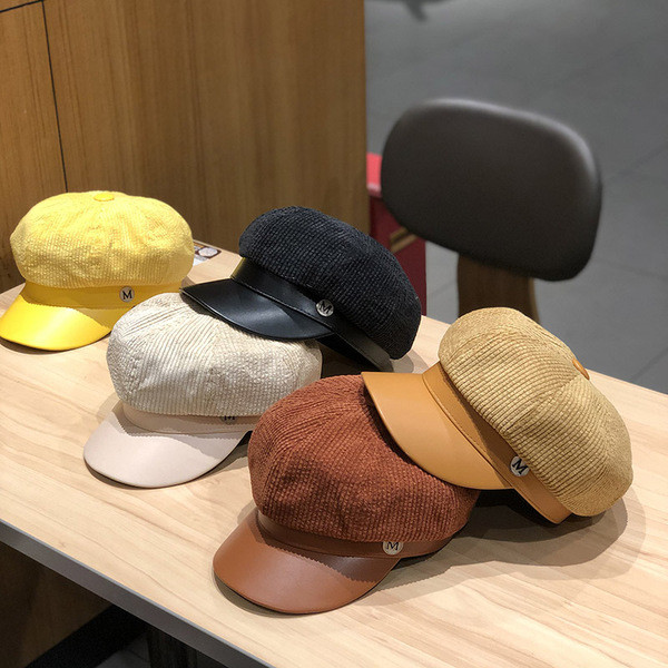 Modern női sapka típusú kordbársony sapka és bőr ellenző