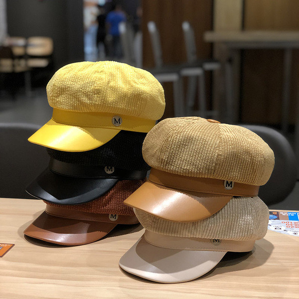 Modern női sapka típusú kordbársony sapka és bőr ellenző