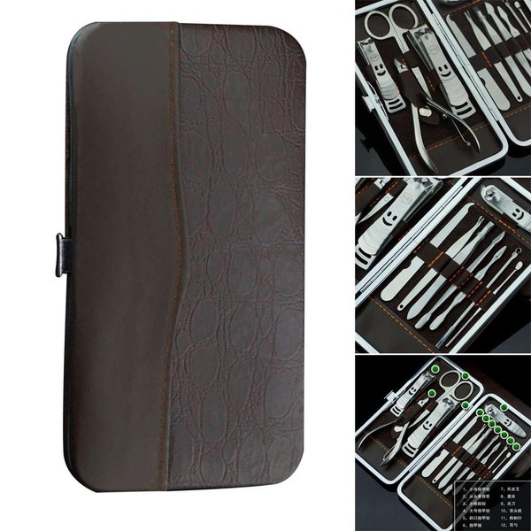 Комплект от 12 инструмента от неръждаема стомана за оформяне на маникюр + кожен калъф в кафяв цвят 