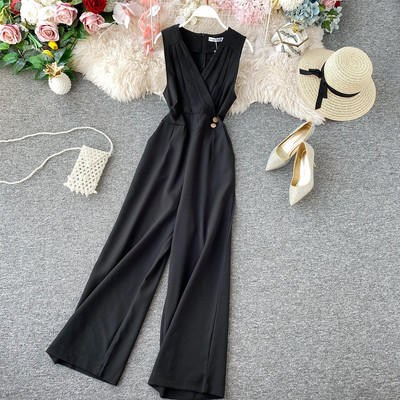 Stílusos női hosszú jumpsuit gombokkal és spitz nyakkivágással öt színben