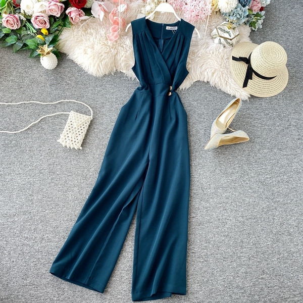 Stílusos női hosszú jumpsuit gombokkal és spitz nyakkivágással öt színben