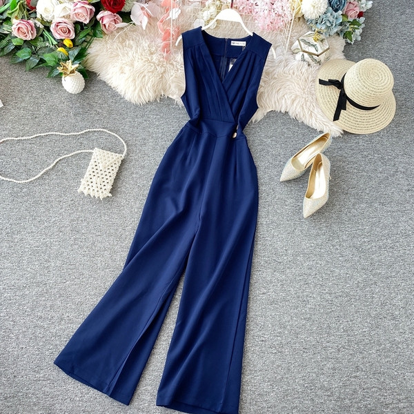 Stílusos női hosszú jumpsuit gombokkal és spitz nyakkivágással öt színben