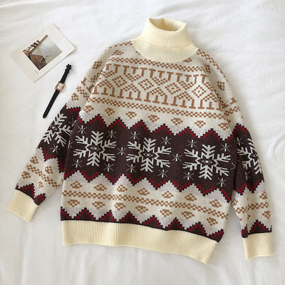 Karácsonyi bézs és barna színű női pulóver pólógallérral