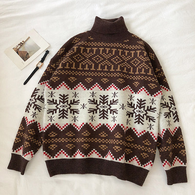Karácsonyi bézs és barna színű női pulóver pólógallérral