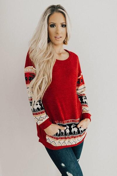 Modern női karácsonyi pulóver zsebbel és hosszú ujjú piros színben