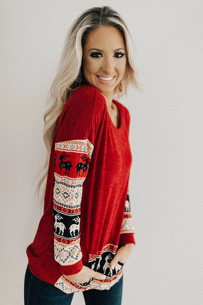 Modern női karácsonyi pulóver zsebbel és hosszú ujjú piros színben