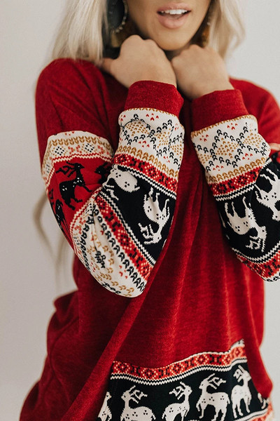 Modern női karácsonyi pulóver zsebbel és hosszú ujjú piros színben