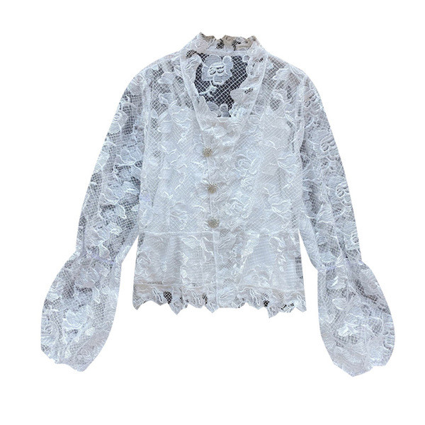 Modern női csipke ing gombokkal és spitz nyakkivágással fekete-fehér színben