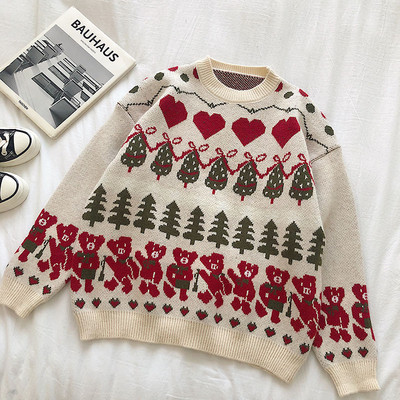 Karácsonyi női pulóver széles modell piros és bézs színben