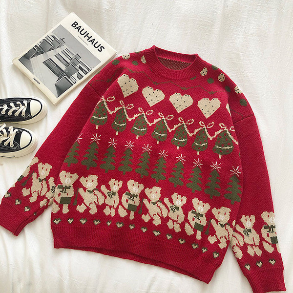 Karácsonyi női pulóver széles modell piros és bézs színben