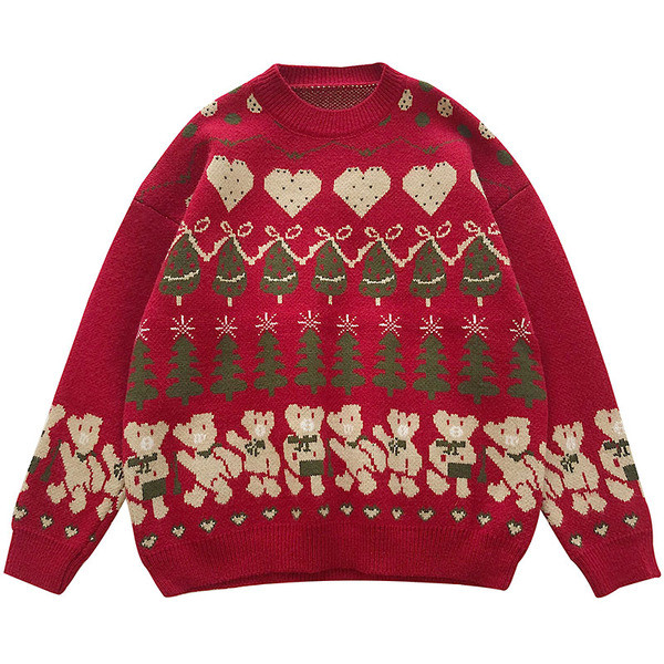 Karácsonyi női pulóver széles modell piros és bézs színben