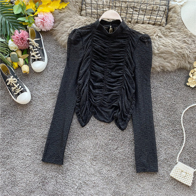 Női blúz csipkével és hosszú ujjú zöld, fekete és bézs színben