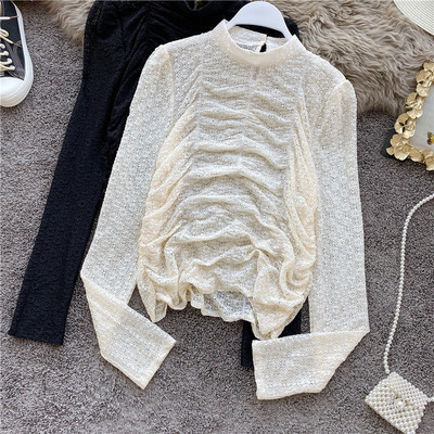 Női blúz csipkével és hosszú ujjú zöld, fekete és bézs színben