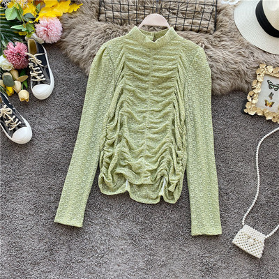 Női blúz csipkével és hosszú ujjú zöld, fekete és bézs színben