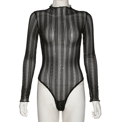 Női test polo gallérral és fényes részecskékkel fekete színben