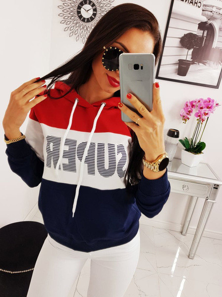 Hétköznapi női pulóver kapucnival és kék színű nyakkendővel